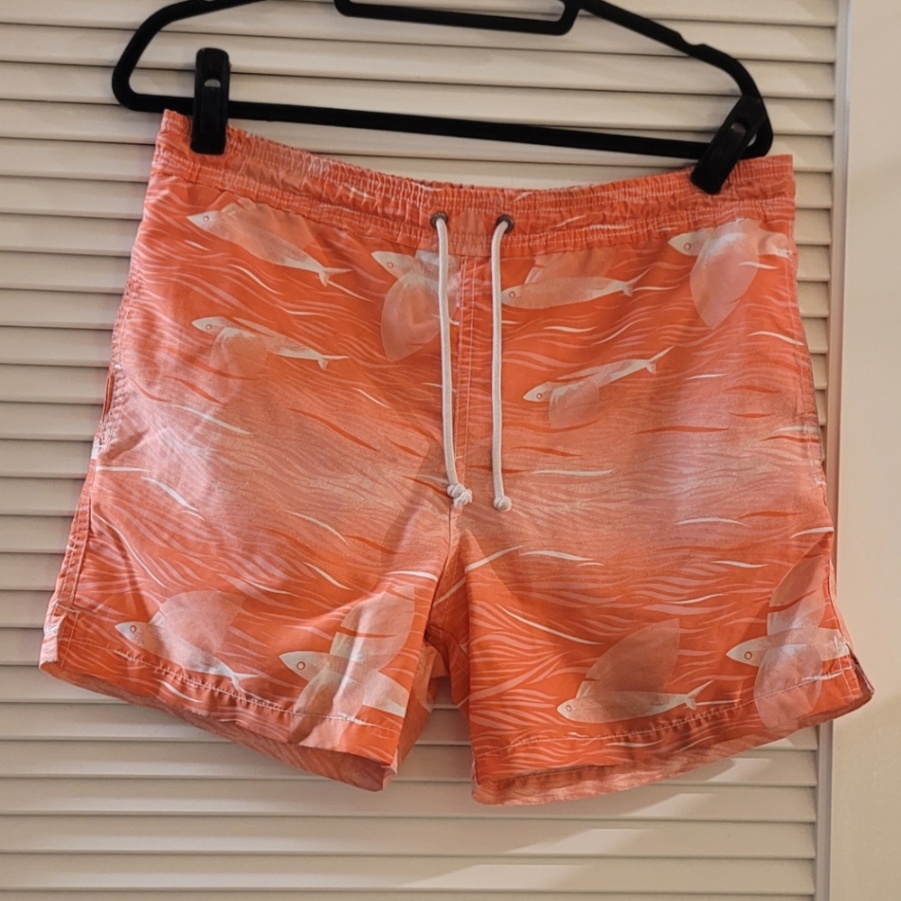 Strong Boalt - Men's Orange & White Fish Patterned Swim Trunks With Lining